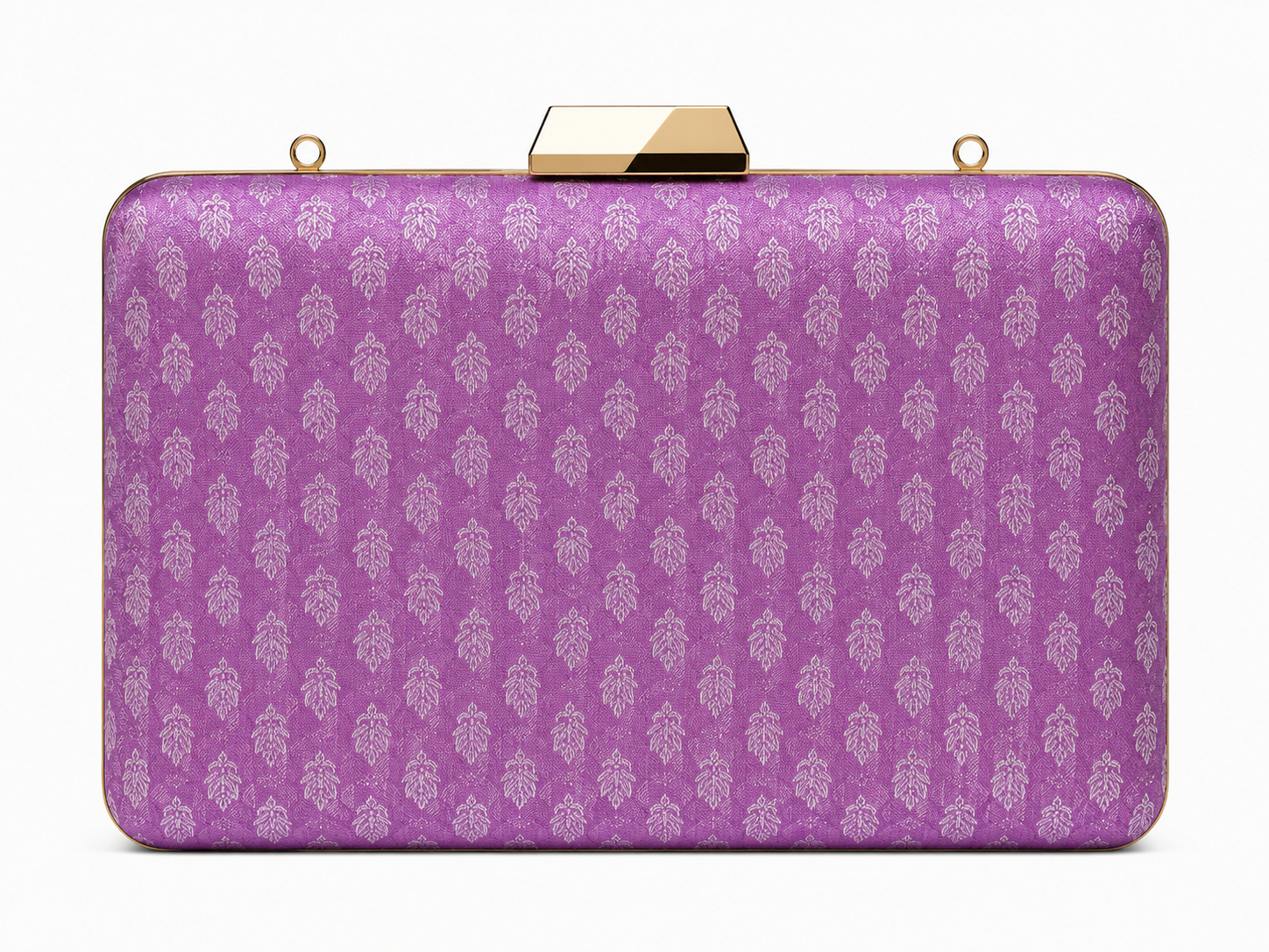 Ila orchid purple Banarasi silk box clutch with silver buti motifs and gold frame