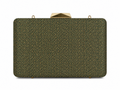 Nila emerald green Banarasi silk box clutch with all-over gold jaal lattice, front view