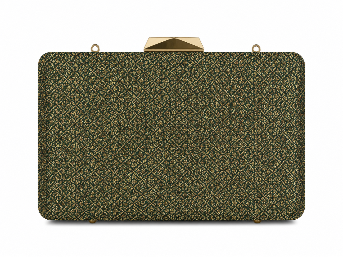 Nila emerald green Banarasi silk box clutch with all-over gold jaal lattice, front view