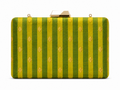 Chitra Banarasi box clutch in green and yellow woven stripes with gold buti motifs