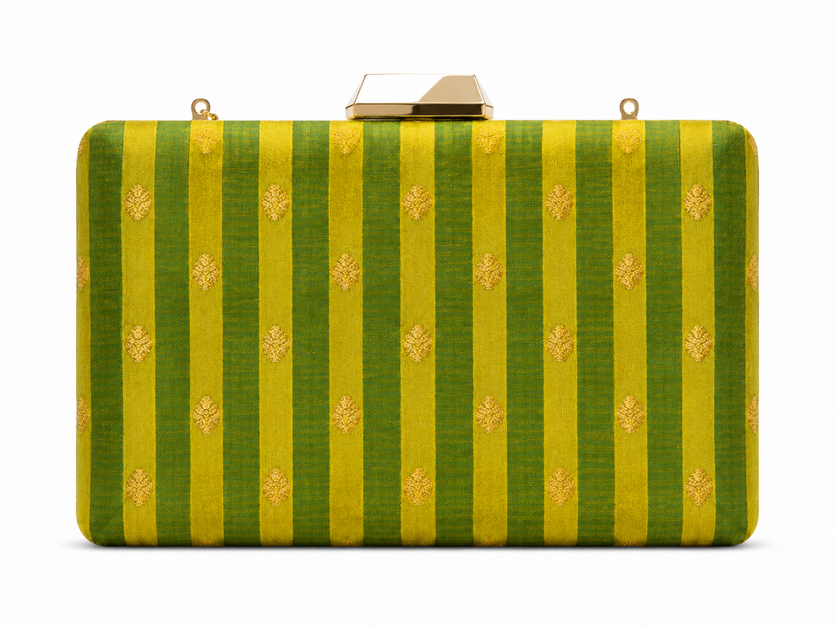 Chitra Banarasi box clutch in green and yellow woven stripes with gold buti motifs