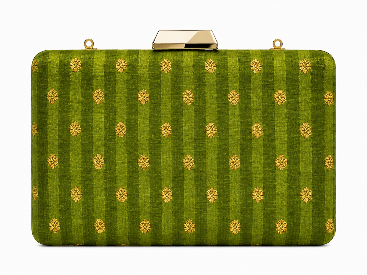 Latika olive green Banarasi silk box clutch with round gold floral medallion buti