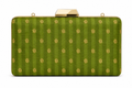 Malti moss green Banarasi silk box clutch with gold rosette buti motifs, front view