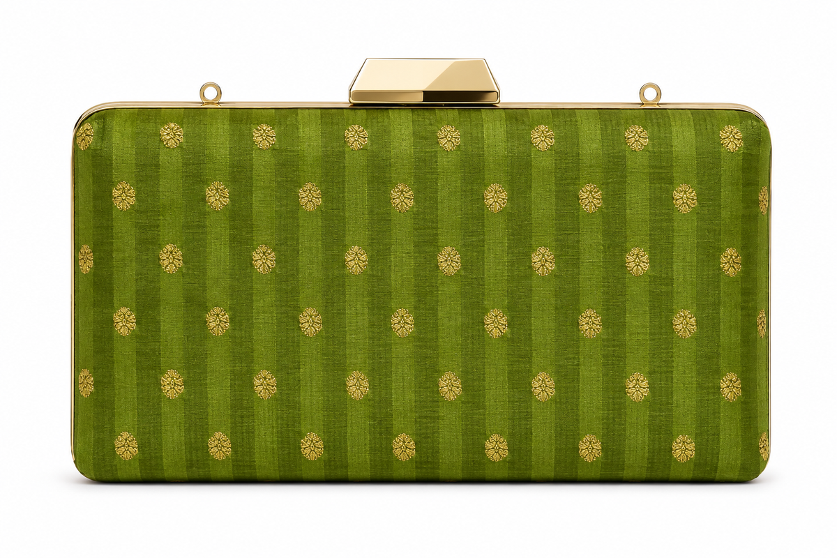 Malti moss green Banarasi silk box clutch with gold rosette buti motifs, front view