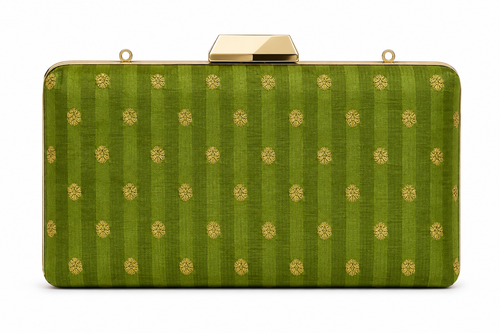 Malti moss green Banarasi silk box clutch with gold rosette buti motifs, front view