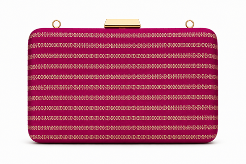Amrita magenta Banarasi silk box clutch with fine gold vine stripe weaving