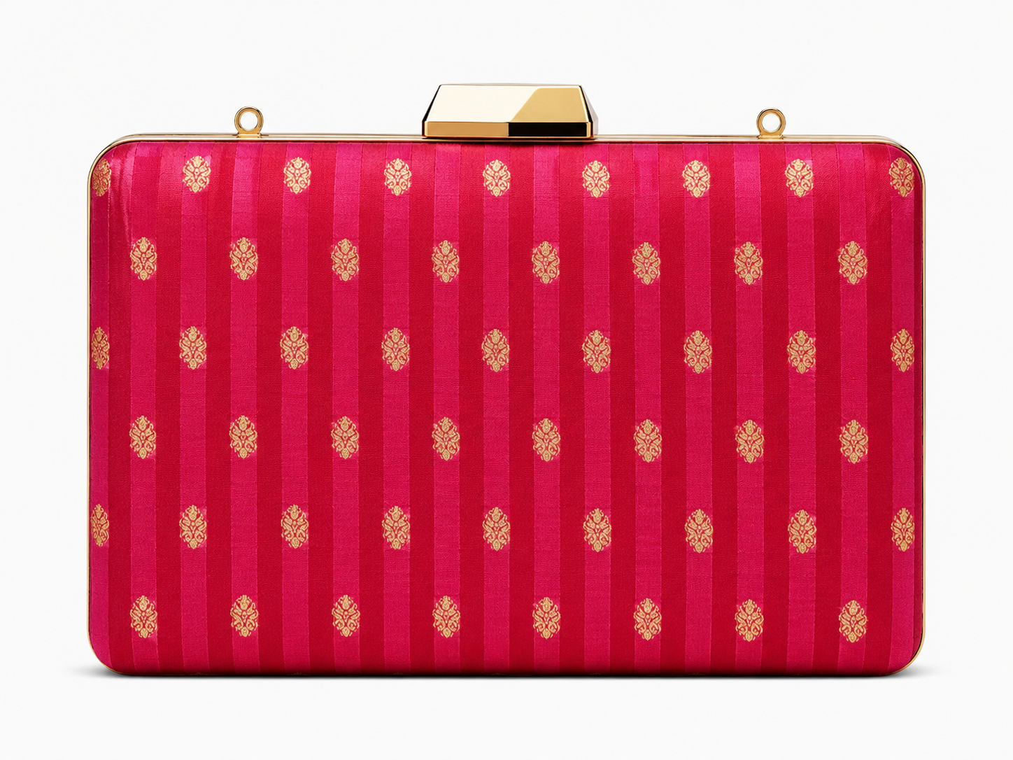 Saanvi rani pink Banarasi satin silk box clutch with gold paisley buti motifs