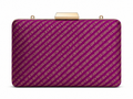 Rohini purple Banarasi silk box clutch with diagonal gold zari bands, front view