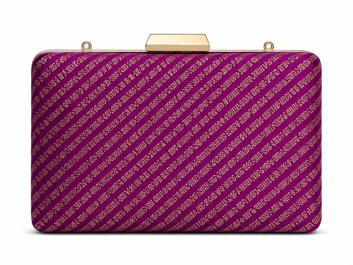 Rohini purple Banarasi silk box clutch with diagonal gold zari bands, front view