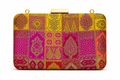 Ketaki Banarasi patchwork box clutch in marigold yellow, fuchsia and coral with gold zari