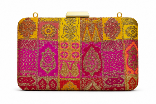 Ketaki Banarasi patchwork box clutch in marigold yellow, fuchsia and coral with gold zari