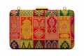 Anjali Banarasi patchwork box clutch in red, orange and saffron silk with gold zari motifs