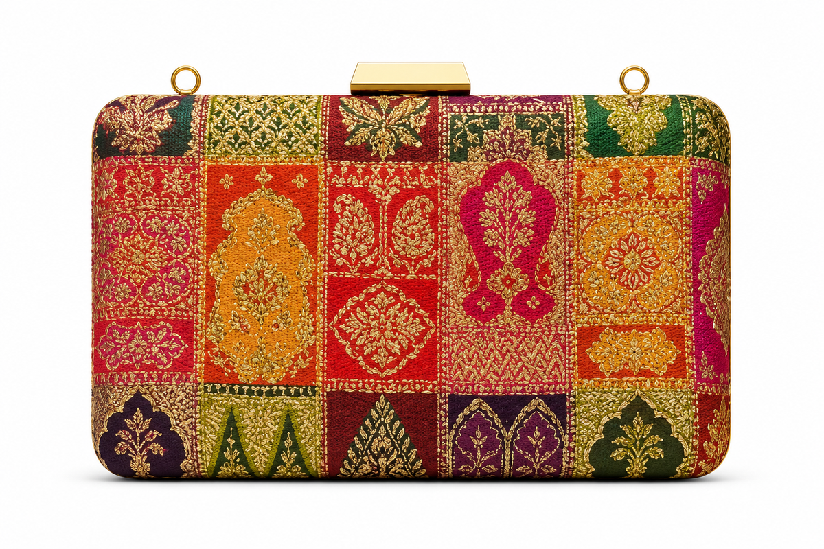 Anjali Banarasi patchwork box clutch in red, orange and saffron silk with gold zari motifs