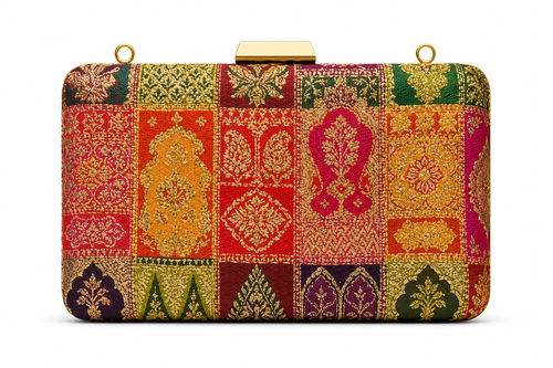 Anjali Banarasi patchwork box clutch in red, orange and saffron silk with gold zari motifs