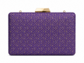 Vasanti violet Banarasi silk box clutch with all-over gold jaal lattice weaving