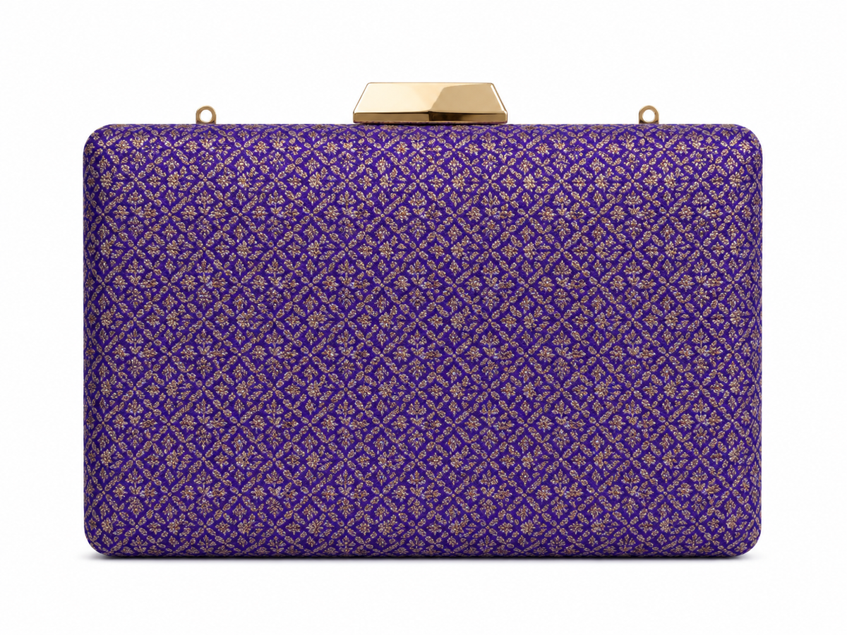 Vasanti violet Banarasi silk box clutch with all-over gold jaal lattice weaving