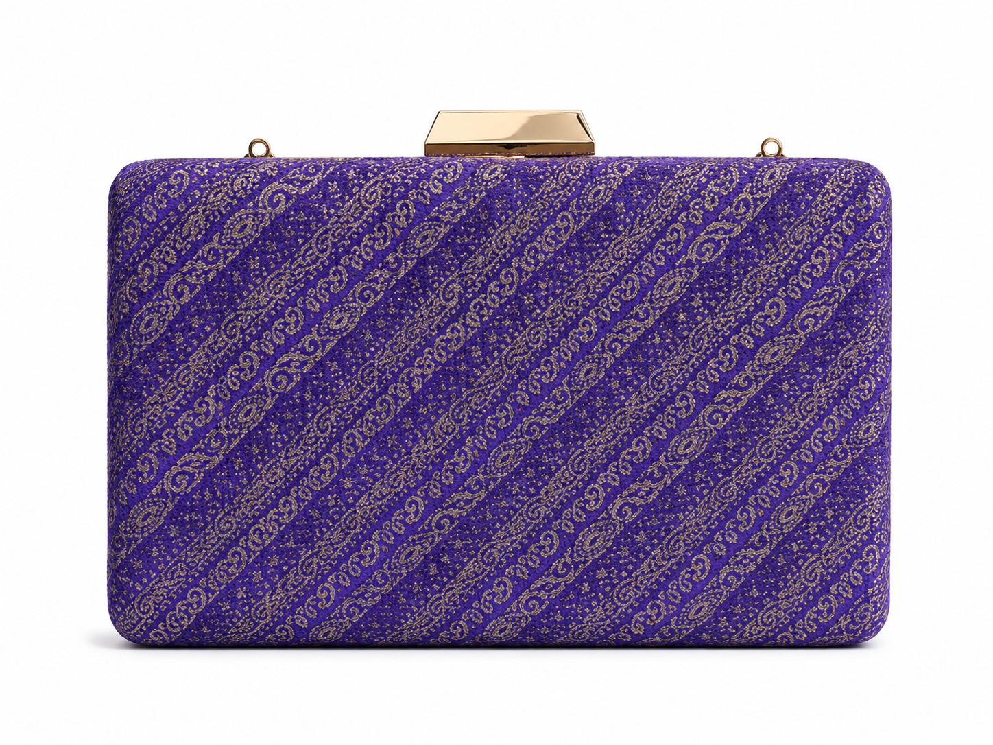 Charu violet Banarasi silk box clutch with diagonal gold paisley kalga stripes