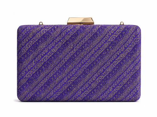 Charu violet Banarasi silk box clutch with diagonal gold paisley kalga stripes