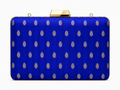 Nayana royal blue Banarasi satin silk box clutch with gold buta motifs, front view