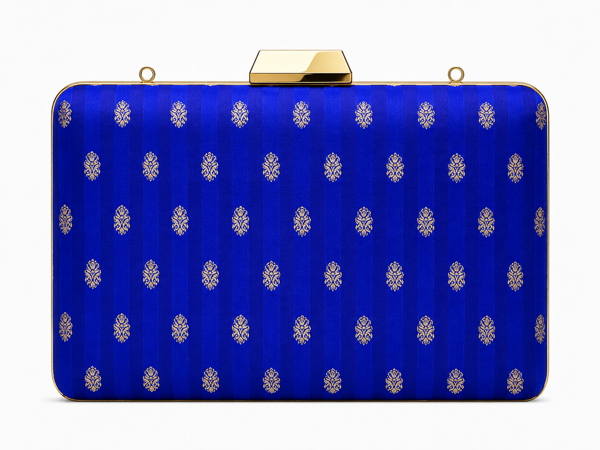 Nayana royal blue Banarasi satin silk box clutch with gold buta motifs, front view