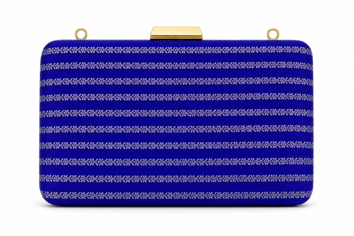 Sitara sapphire blue Banarasi silk box clutch with silver floral vine stripes