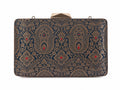 Navya teal Banarasi brocade box clutch with antique gold kalga paisley and red meenakari accents