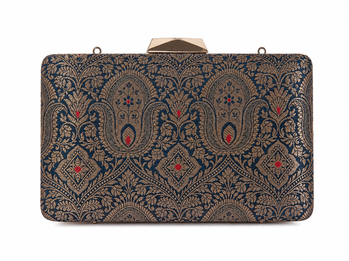 Navya teal Banarasi brocade box clutch with antique gold kalga paisley and red meenakari accents