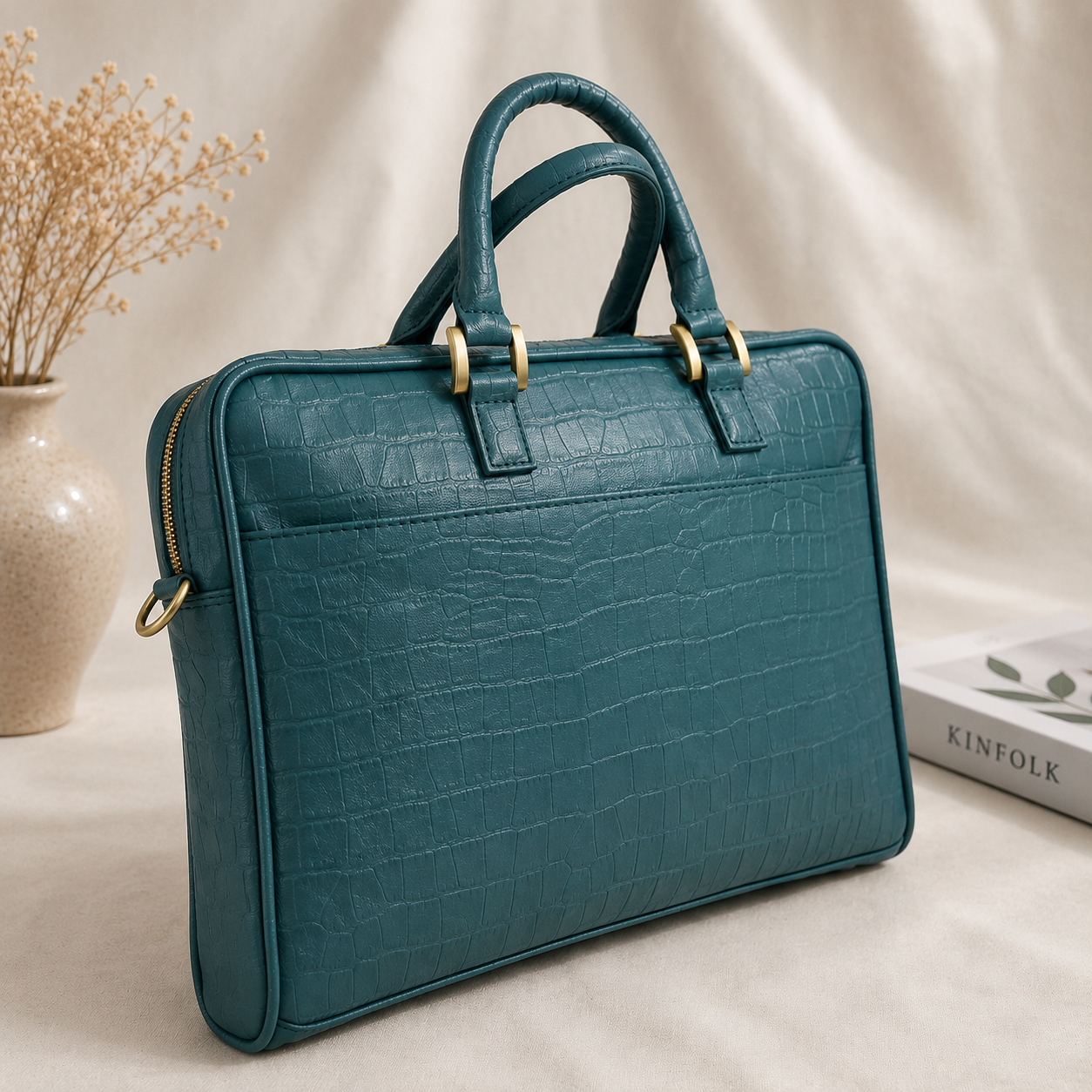 Teal tomato leather laptop bag with handles, made in India