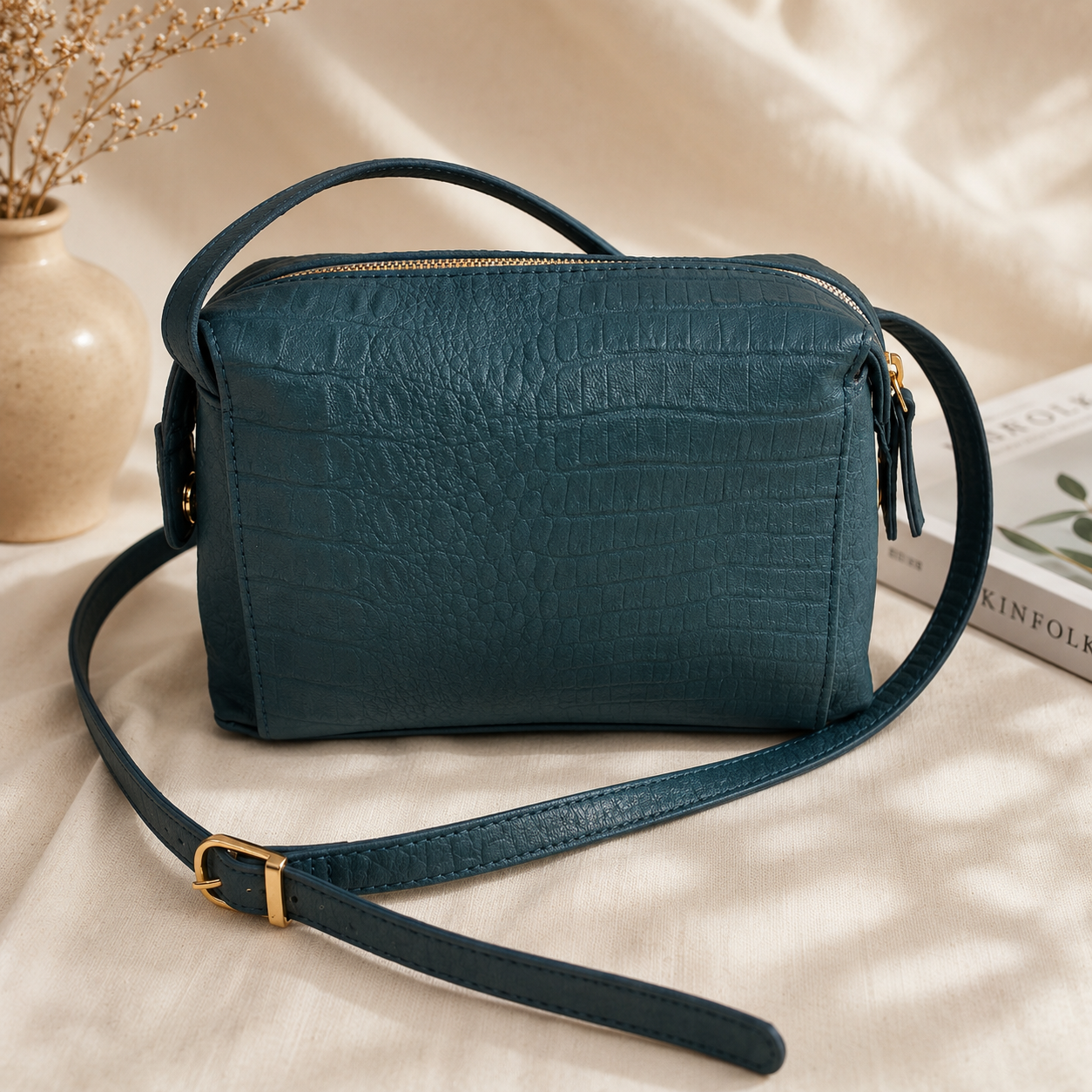 Teal tomato leather crossbody sling bag with gold zip, made in India