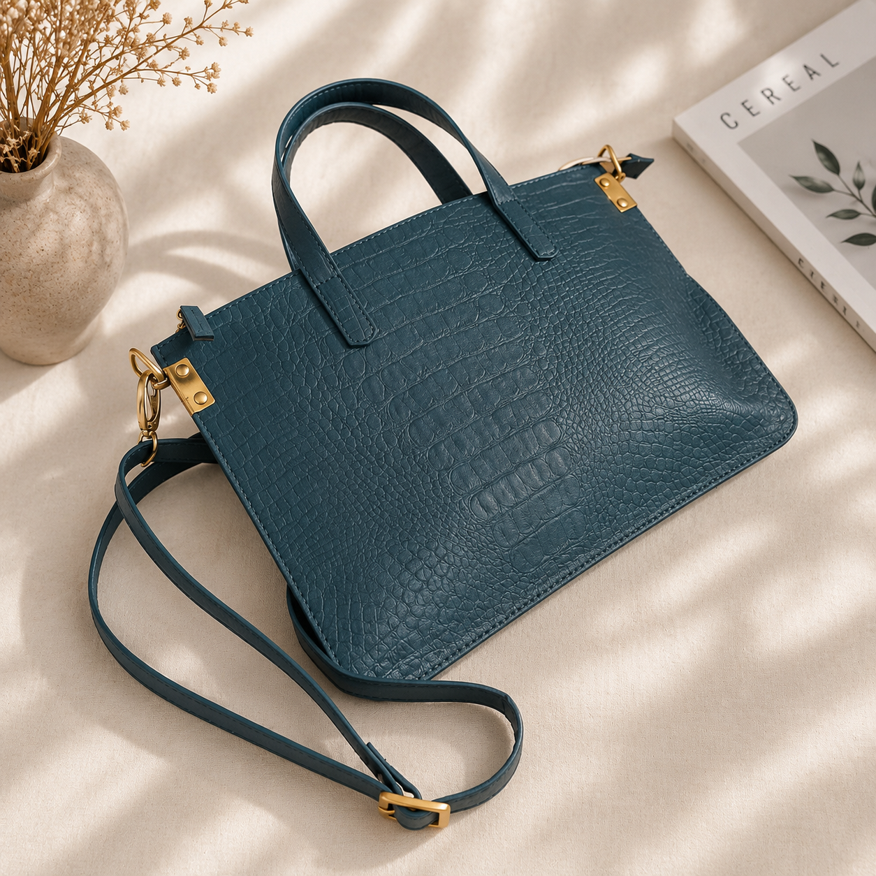 Teal tomato leather office tote with top handles, made in India