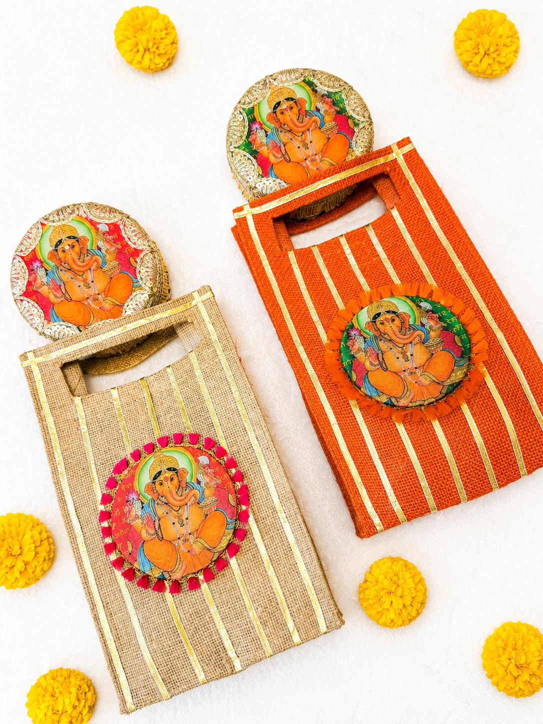 Jute Ganesha gift bag detail, gold striped festive bag