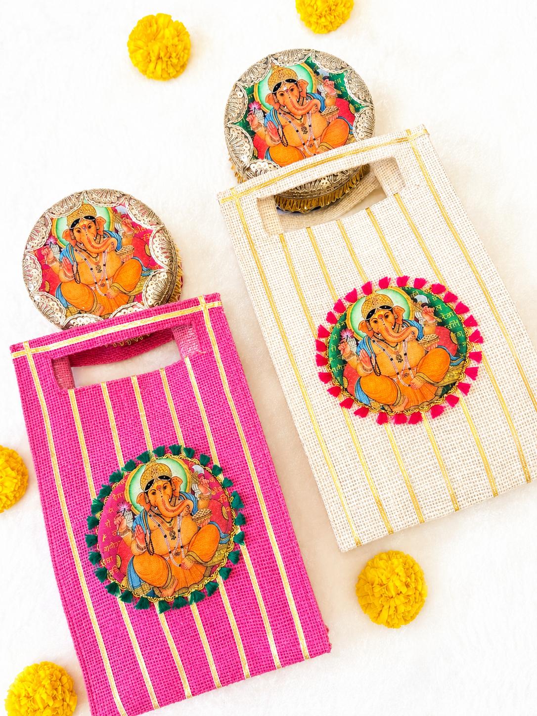 Sache jute Ganesha return gift bag made in India